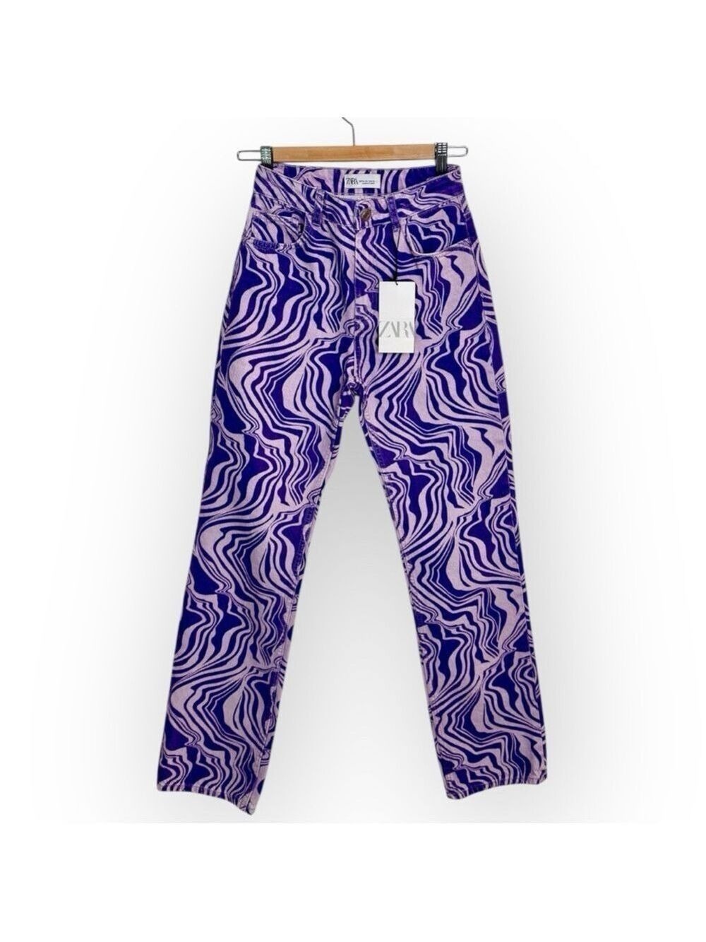 Zara Purple Lilac Marbled Print Straight Leg Denim Pants Size 2